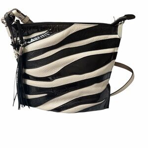 Brighton Black& Cream Zebra Leather Crossbody Bag Heart Charm Tassel